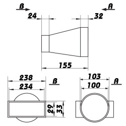 PVC редуктор от кръгла към правоъгълна тръба Ø 100 мм / 234x29 мм, хоризонтален