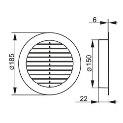 Grilă de ventilație circulară din PVC cu flanșă și plasă anti-insecte plastică Ø 150 mm, alb