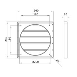 Grilă de ventilație PVC cu flanșă și jaluzele gravitaționale, 240x240 mm / Ø 200 mm, gri