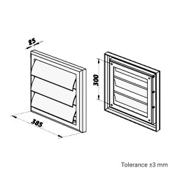 Бяла метална вентилационна решетка с гравитационни жалузи без фланец 385x385 мм