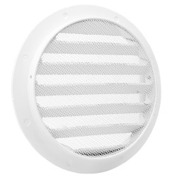 Бяла метална вентилационна решетка Dalap AVW за фасада с мрежа и фланец, Ø 100 мм