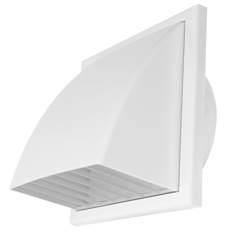 Бяла вентилационна PVC решетка със сенник, фланец и клапа 186x186 мм / Ø 150 мм