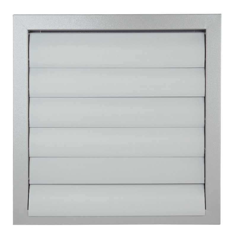 Сива метална вентилационна решетка с гравитационни жалузи без фланец 350x350 мм
