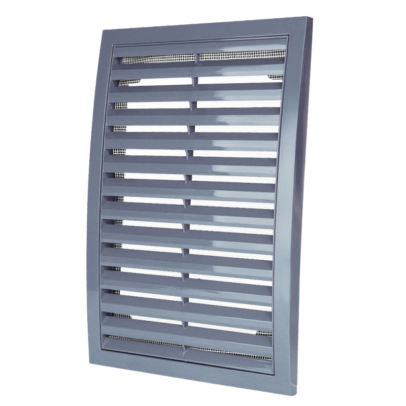 Пластмасова вентилационна решетка с фиксирани жалузи и мрежа против насекоми Dalap GP 180x250 RNI ASA GRAY, сива