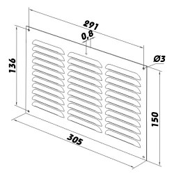 Бяла метална вентилационна решетка без фланец с фиксирани жалузи и мрежа 305x150 мм