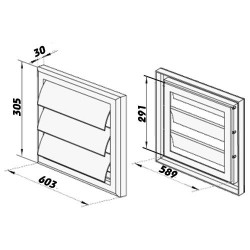 Бяла пластмасова вентилационна решетка с гравитационни жалузи без фланец 603x305 мм