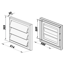 Бяла пластмасова вентилационна решетка с гравитационни жалузи без фланец 514x303 мм