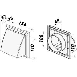 Бяла вентилационна PVC решетка със сенник, фланец и клапа 154x154 мм / Ø 100 мм