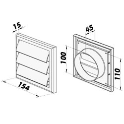 Бяла вентилационна PVC решетка с гравитационни жалузи 154x154 мм и фланец Ø 100 мм