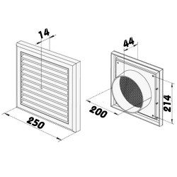 Бяла вентилационна PVC решетка с механични жалузи 250x250 мм и фланец Ø 200 мм