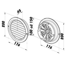 Бяла вентилационна PVC решетка с фланец и механични жалузи Ø 100 до 150 мм
