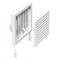 Бяла вентилационна PVC решетка с механични жалузи 186x186 мм и фланец Ø 125 мм