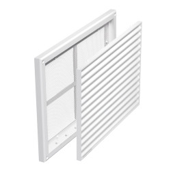 Бяла вентилационна PVC решетка без фланец с фиксирани жалузи и мрежа 221x299 мм