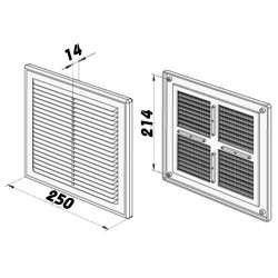 Бяла вентилационна PVC решетка без фланец с фиксирани жалузи и мрежа 250x250 мм