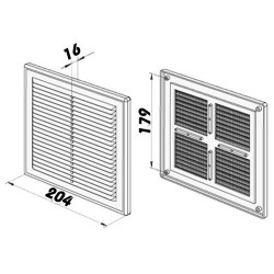 Кафява вентилационна PVC решетка без фланец с фиксирани жалузи и мрежа 204x204 мм